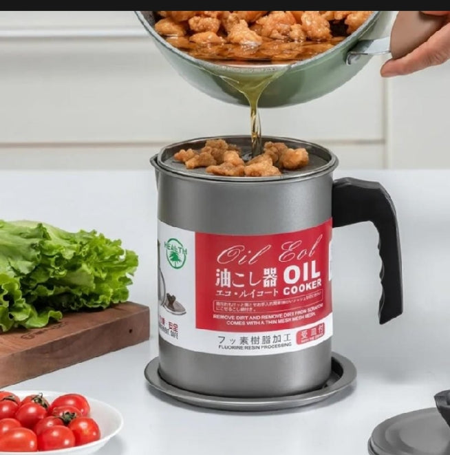Stainless Steel Oil Filter Pot with Fine Strainer, Dust Lid & Easy Handle