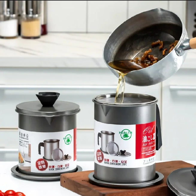 Stainless Steel Oil Filter Pot with Fine Strainer, Dust Lid & Easy Handle