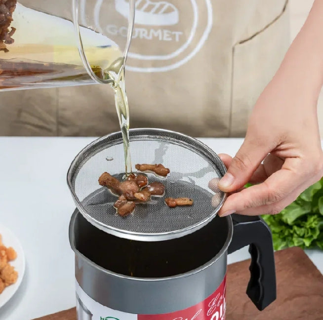 Stainless Steel Oil Filter Pot with Fine Strainer, Dust Lid & Easy Handle