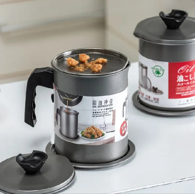 Stainless Steel Oil Filter Pot with Fine Strainer, Dust Lid & Easy Handle