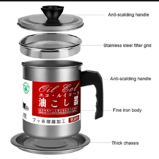 Stainless Steel Oil Filter Pot with Fine Strainer, Dust Lid & Easy Handle