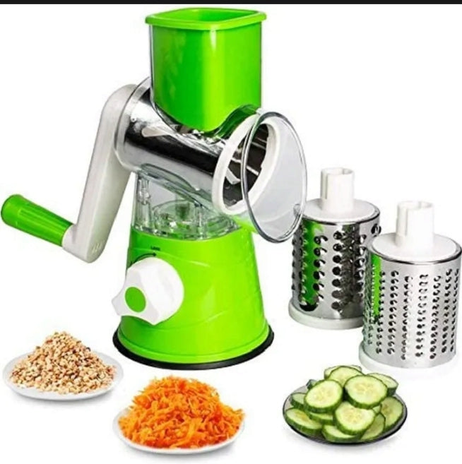 "3-in-1 Drum Vegetable Cutter & Slicer – Manual Kitchen Tool with Blades"