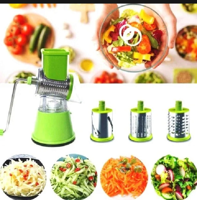 "3-in-1 Drum Vegetable Cutter & Slicer – Manual Kitchen Tool with Blades"