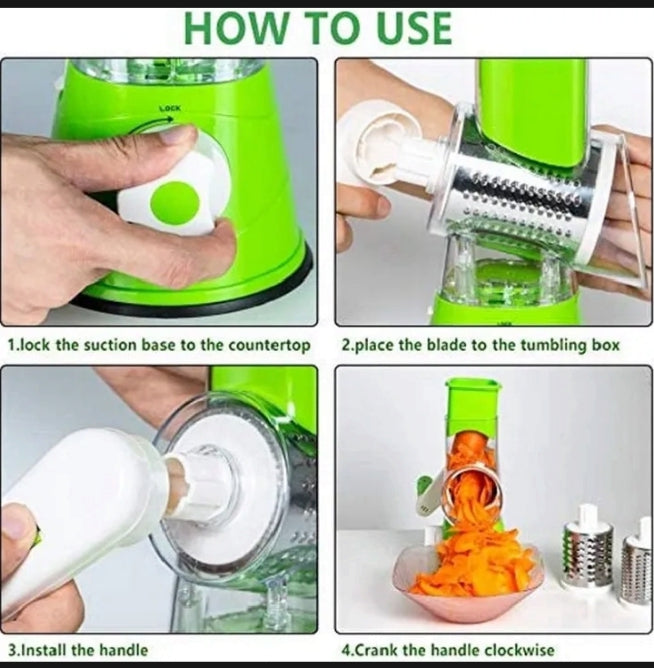 "3-in-1 Drum Vegetable Cutter & Slicer – Manual Kitchen Tool with Blades"