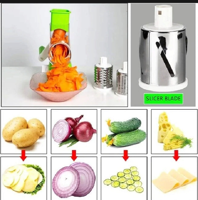"3-in-1 Drum Vegetable Cutter & Slicer – Manual Kitchen Tool with Blades"