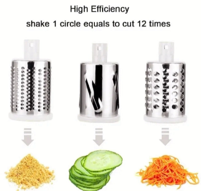 "3-in-1 Drum Vegetable Cutter & Slicer – Manual Kitchen Tool with Blades"